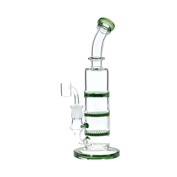 Front view of the 9.5-inch Valiant Bent Neck Dab Rig, showcasing its green glass construction and triple honeycomb perc.