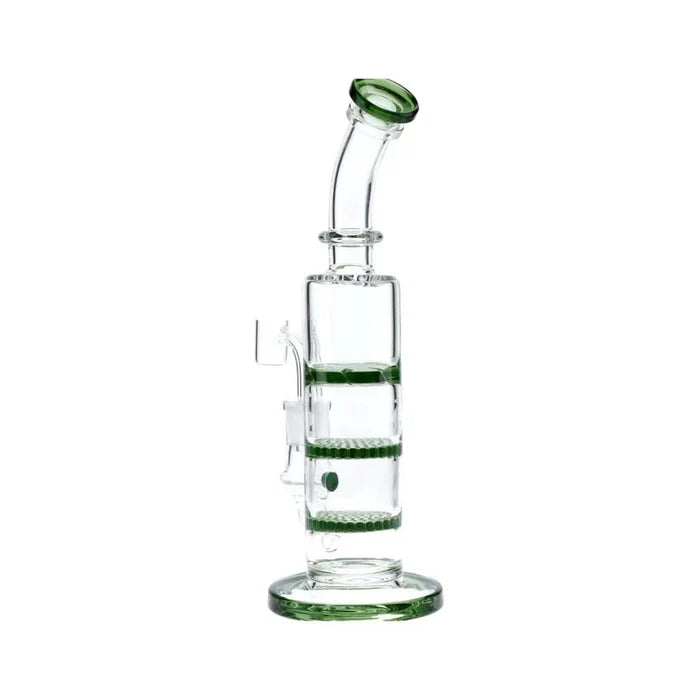 A straight-on view of the 9.5-inch Valiant Bent Neck Dab Rig, featuring a green glass body and triple honeycomb perc.