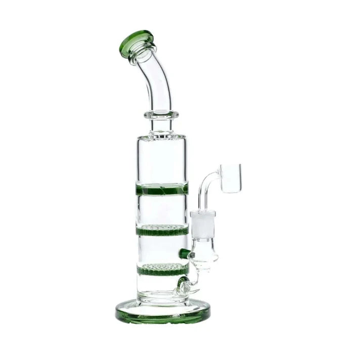 A studio shot of the 9.5-inch Valiant Bent Neck Dab Rig in green, showcasing its triple honeycomb perc and curved neck.