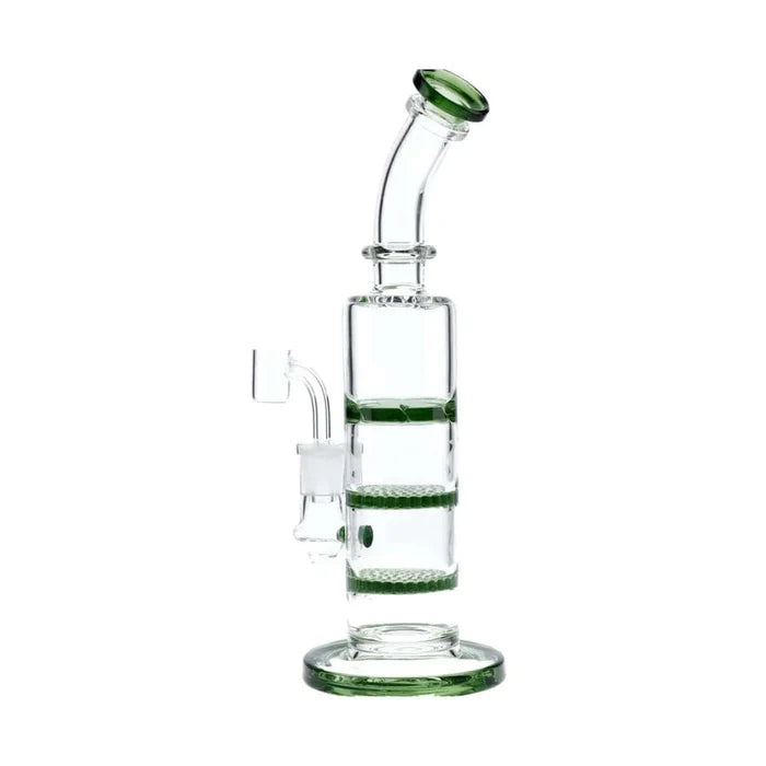 A studio shot of the 9.5-inch Valiant Bent Neck Dab Rig with a triple honeycomb, showcasing its green glass construction and curved neck.