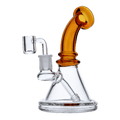 A front view of the 7-inch Valiant Bent Neck Mini Water Pipe in yellow, showing its curved neck and clear glass construction.