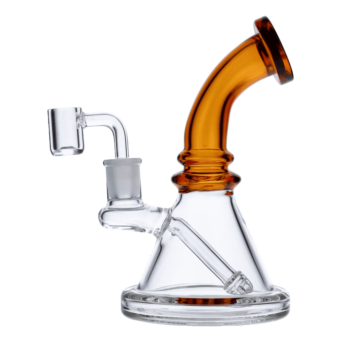 A front view of the 7-inch Valiant Bent Neck Mini Water Pipe in yellow glass, showcasing its curved neck design.