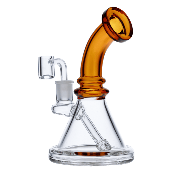 A front view of the 7-inch Valiant Bent Neck Mini Water Pipe in yellow glass, showcasing its curved neck design.