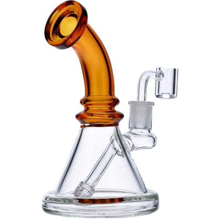A side view of the 7-inch Valiant Bent Neck Mini Water Pipe in yellow glass, showcasing its curved neck and simple design.