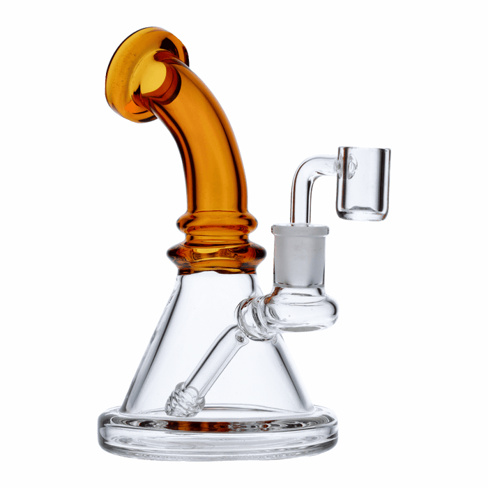 A front view of the 7-inch Valiant Bent Neck Mini Water Pipe in yellow glass, displaying its curved neck design.