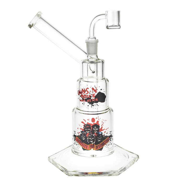 A three-quarter view of the 10-inch Valiant GNR Cannon Dab Rig, showcasing its clear glass construction and intricate design.