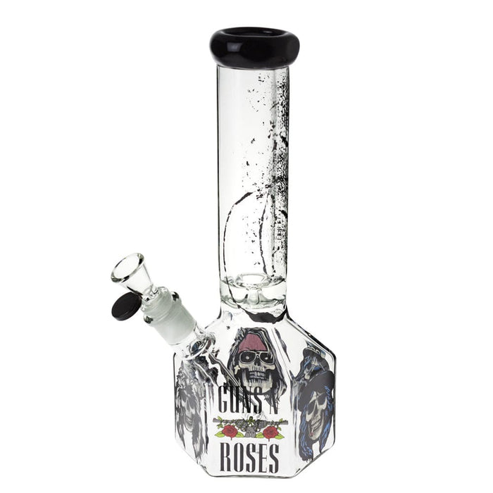Front view of the 10-inch Valiant GNR Skulls Hexagon Water Pipe, showcasing its clear glass construction and hexagonal shape.