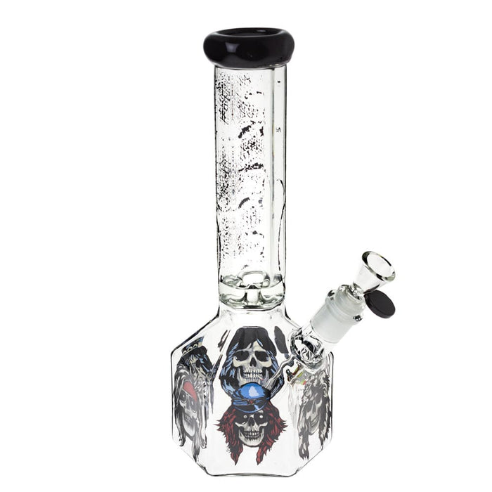 Front view of the 10-inch Valiant GNR Skulls Hexagon Water Pipe, showcasing a clear glass hexagonal body with skull graphics.