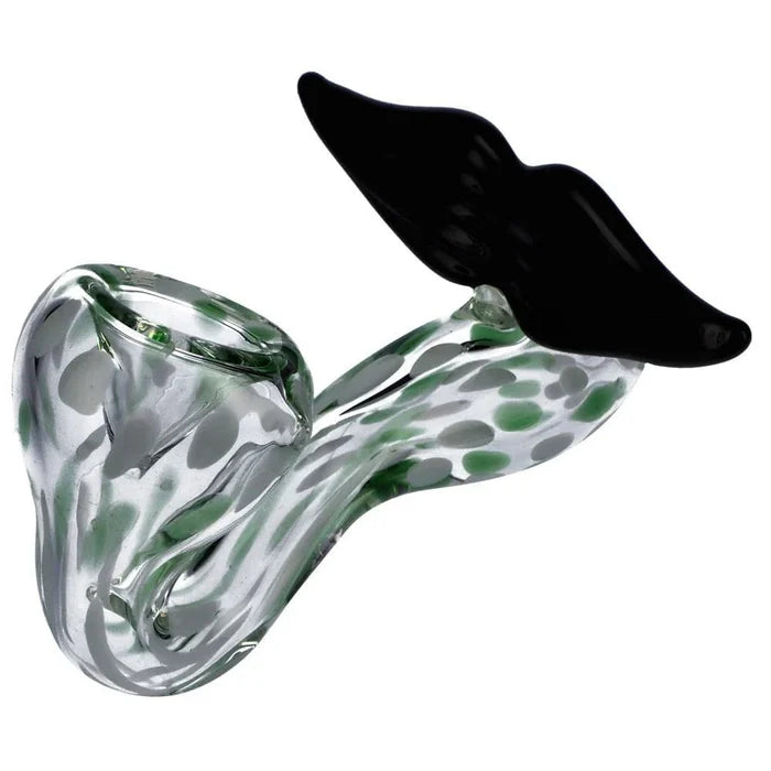 A side view of the Valiant Speckled Moustache Sherlock Pipe, showcasing the green and white speckled glass design.