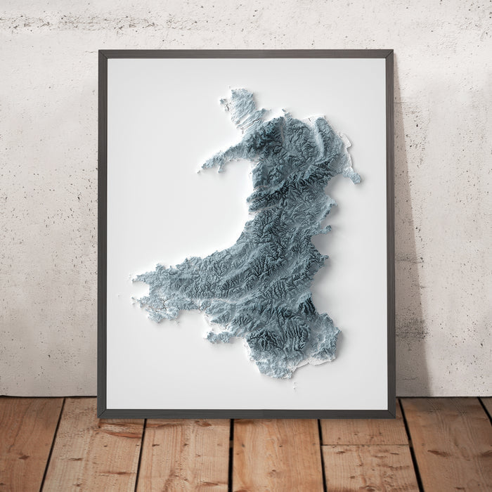 A framed image of a 3D style topographic relief map ofWales