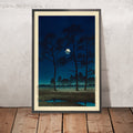A framed image of Winter Moon over Toyama Plain by Hasui Kawase, 1931