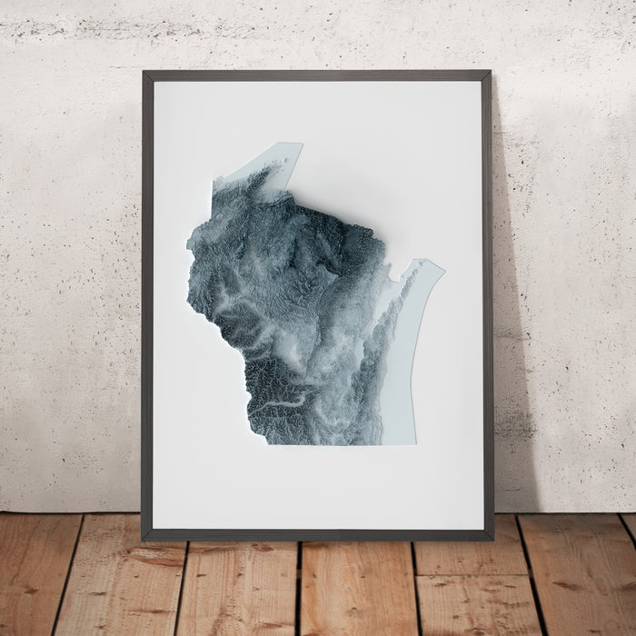 A framed image of a 3D style topographic relief map ofWisconsin